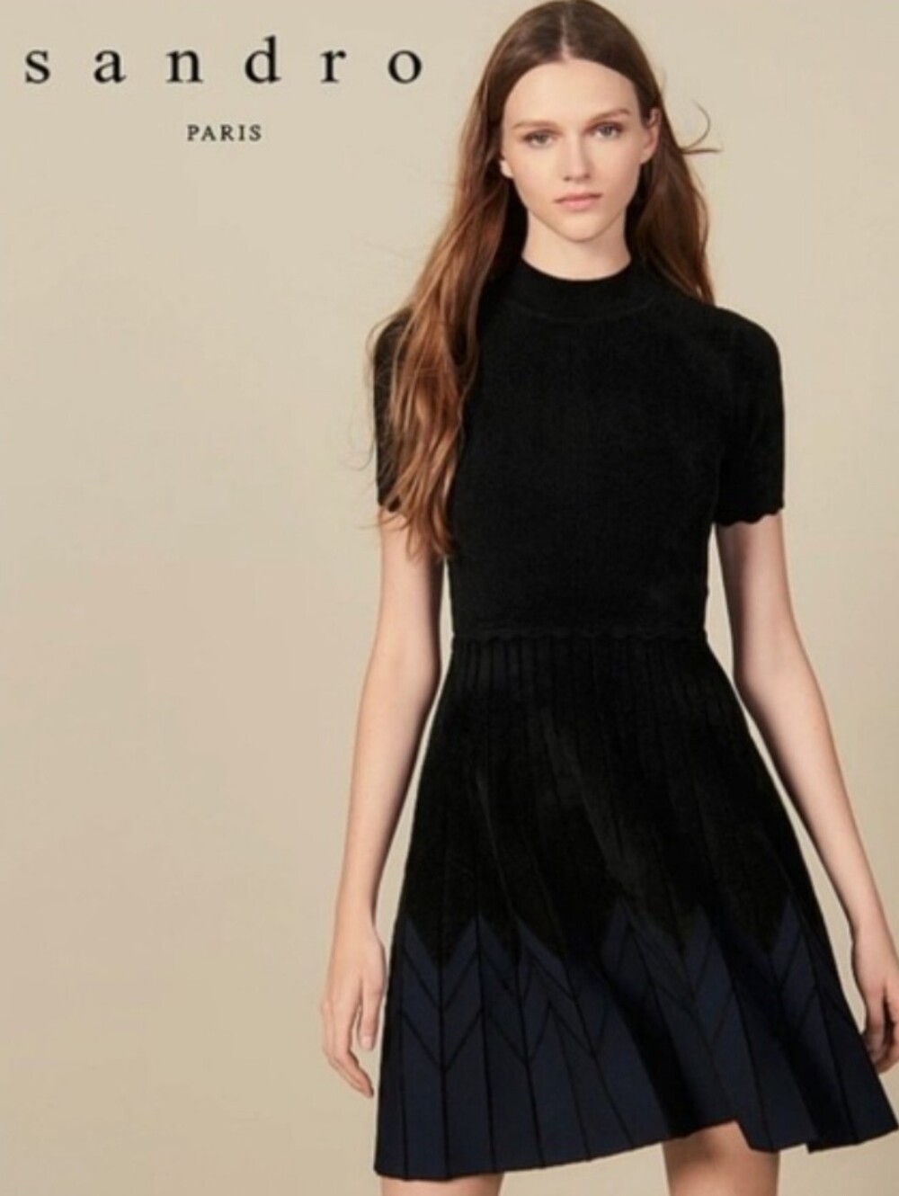 Sandro Black Knit Top with Navy Pleated Skirt Mini Dress